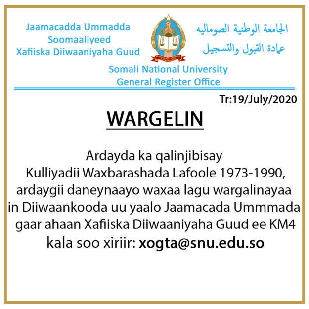 wargalin Wargelin ku Socota Qalin Jabiyayaasha Kuliyadii Waxbarashada Lafoole 1973 - 1990
